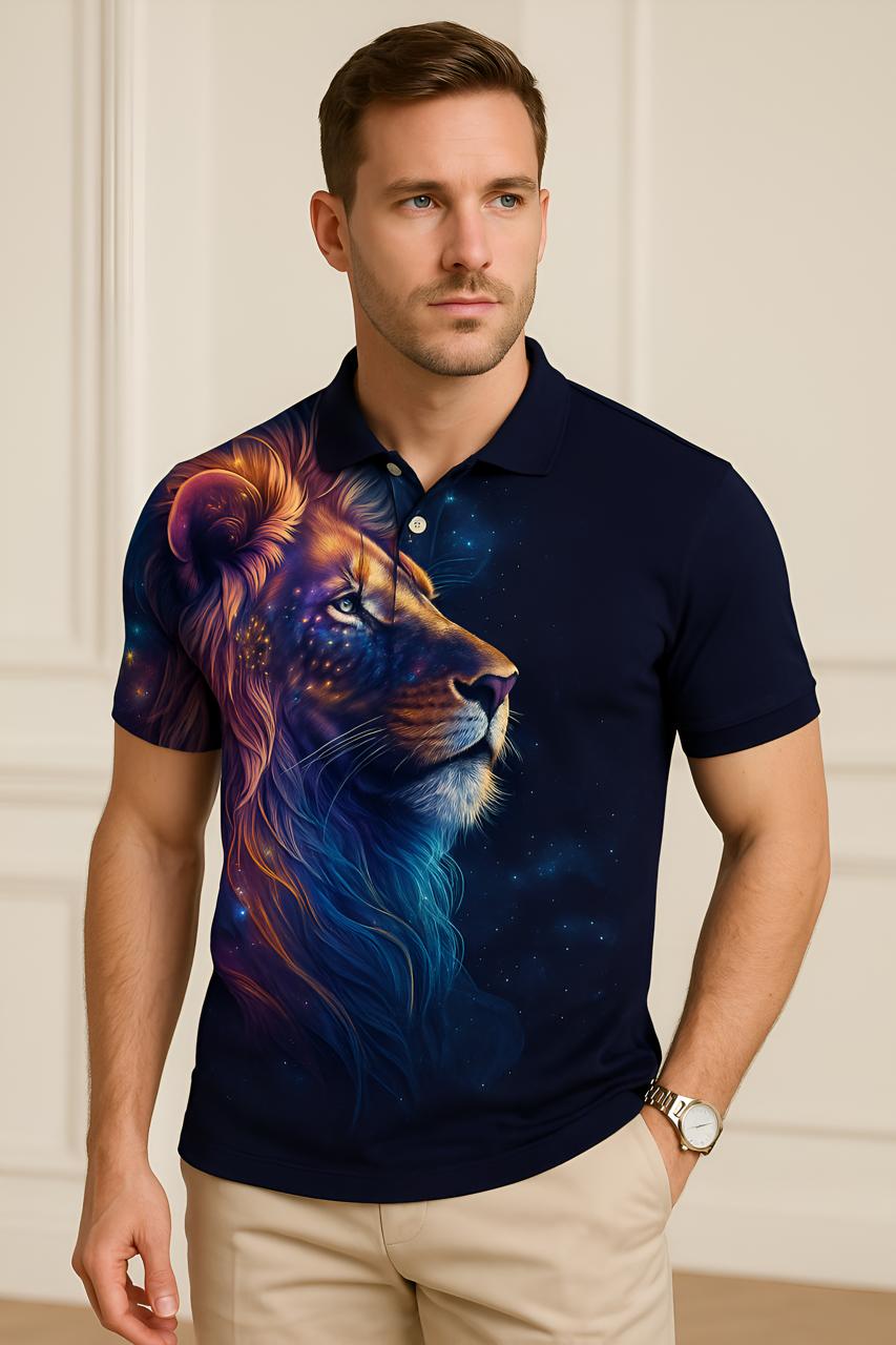 3d Multicolor Lion Print Men's Polo Shirt