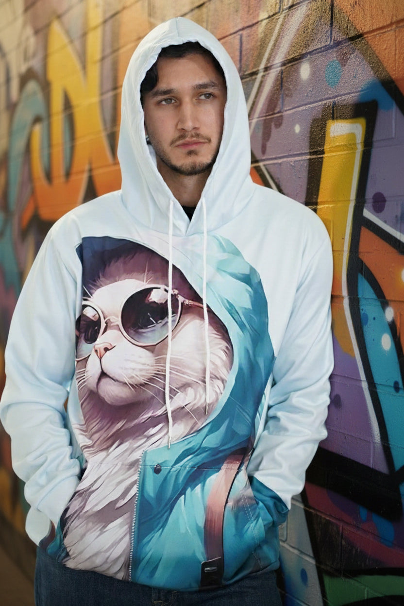 Unisex Pullover oversize 3d Cat Print Hoodie - Light Blue