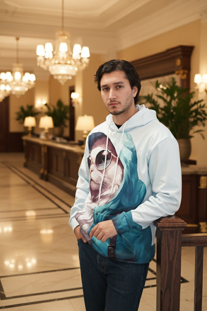 Unisex Pullover oversize 3d Cat Print Hoodie - Light Blue