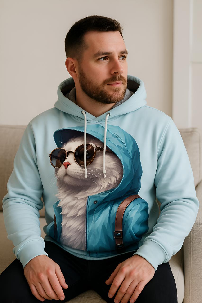 Unisex Pullover oversize 3d Cat Print Hoodie - Light Blue