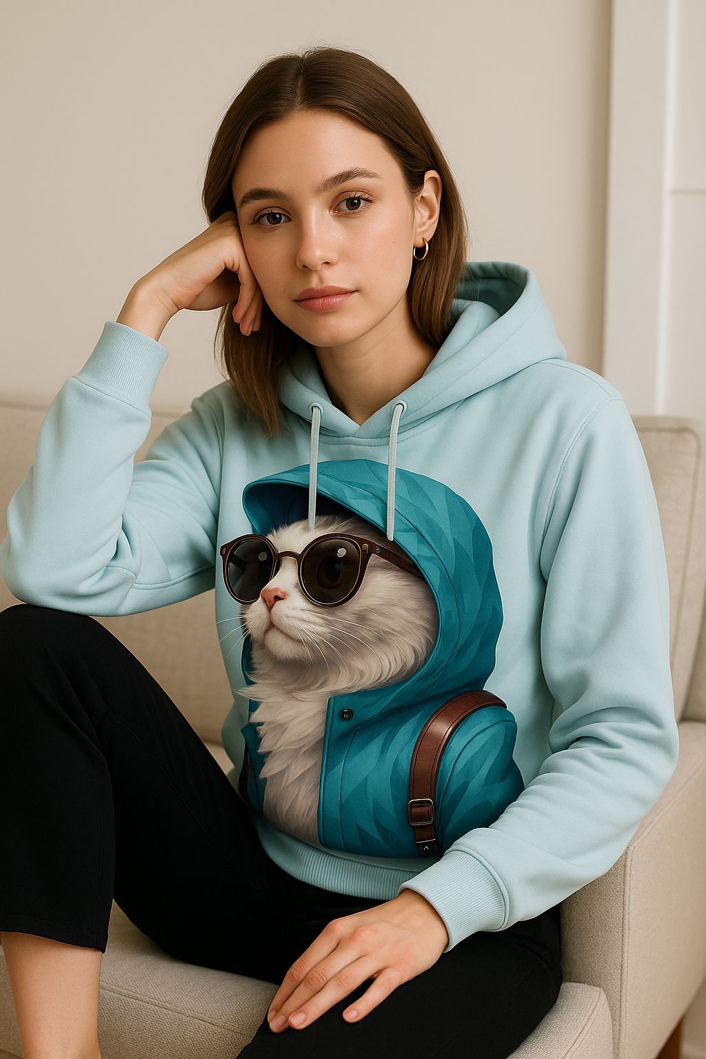 Unisex Pullover oversize 3d Cat Print Hoodie - Light Blue