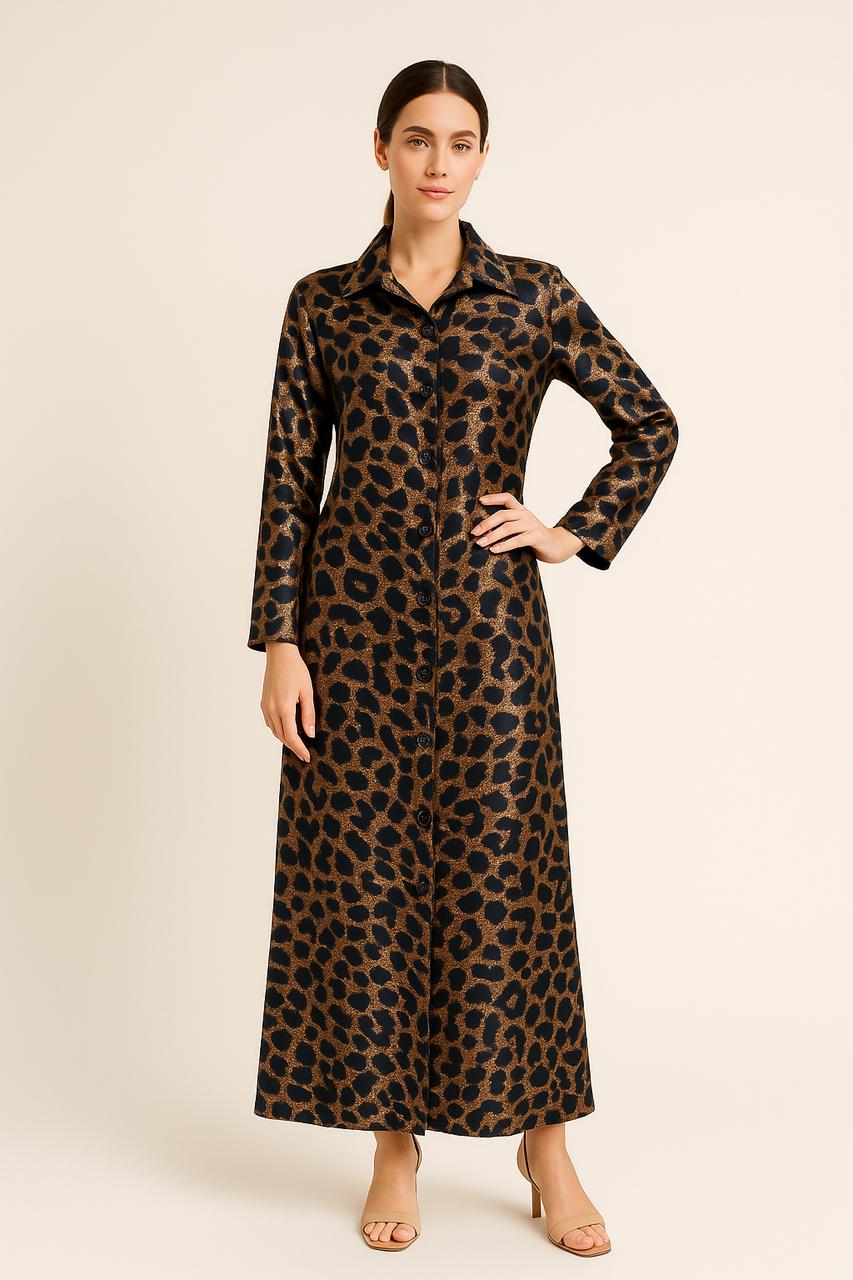 Leopard Print Button Up Pocketed Maxi Dress