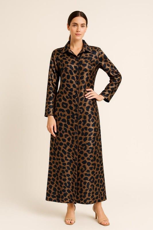 Leopard Print Button Up Pocketed Maxi Dress