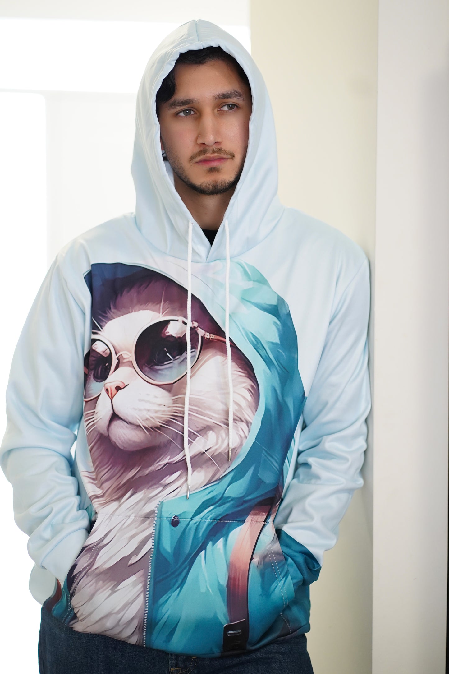 Unisex Pullover oversize 3d Cat Print Hoodie - Light Blue