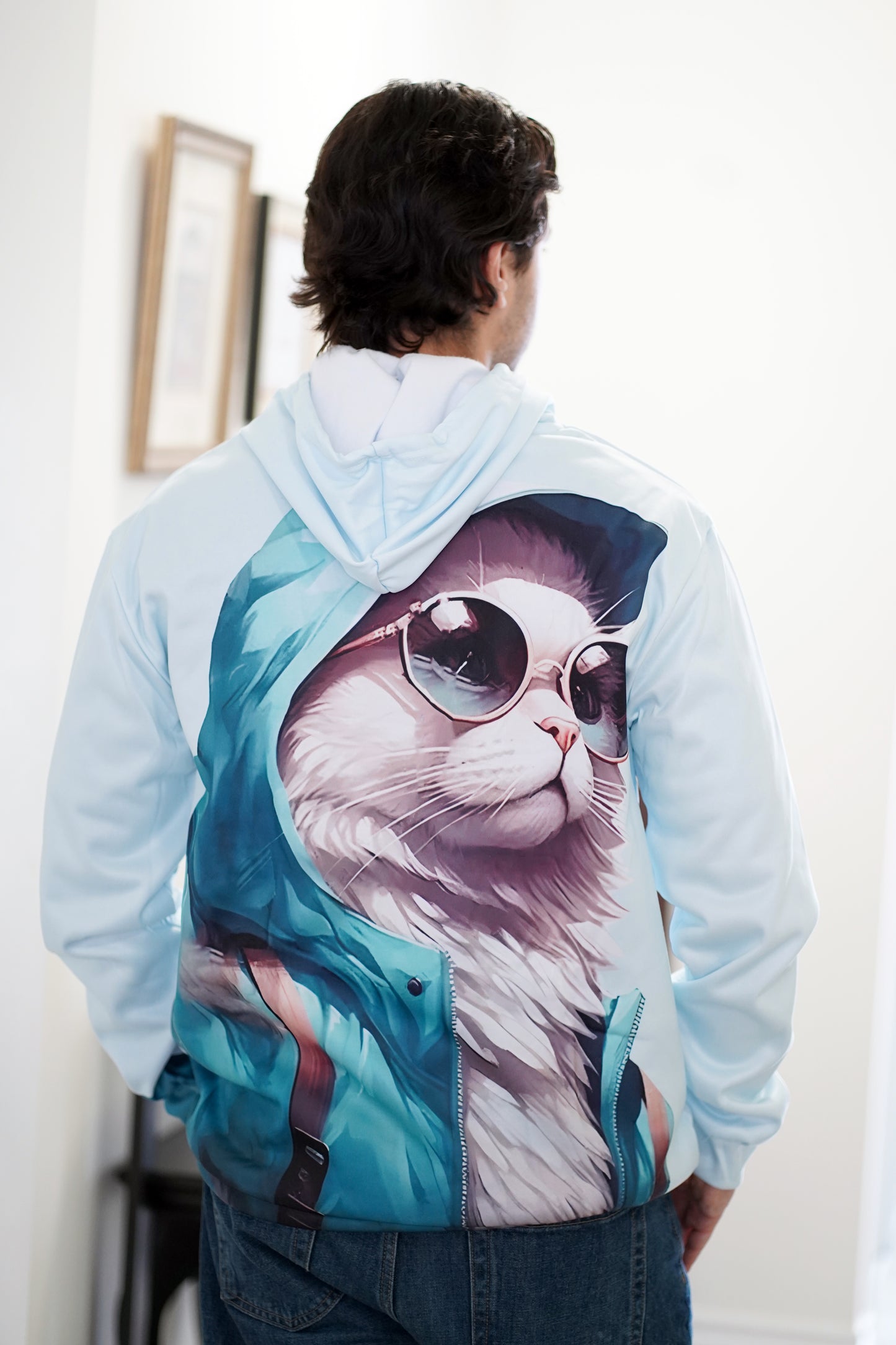 Unisex Pullover oversize 3d Cat Print Hoodie - Light Blue