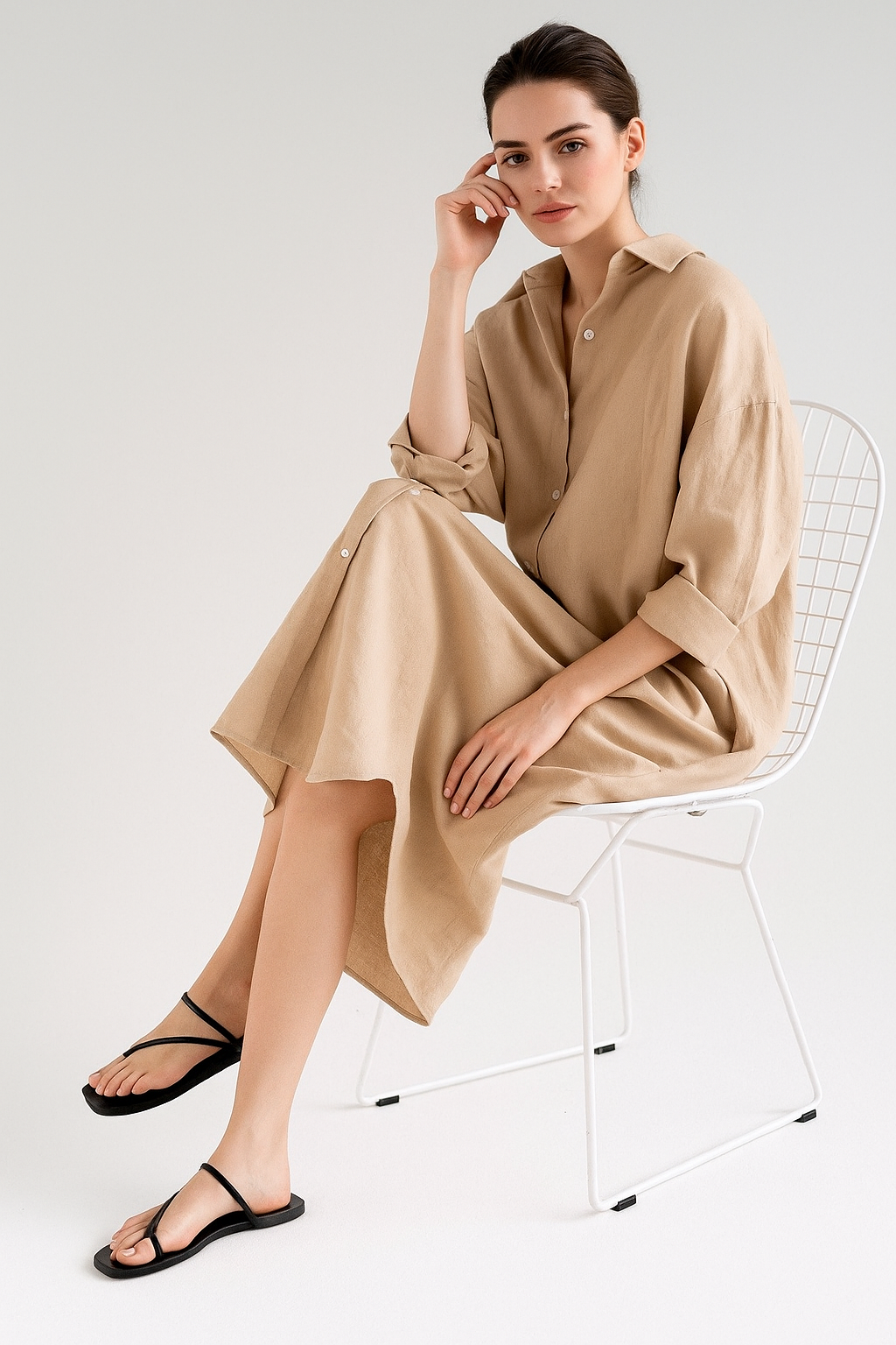 Women Loose Cotton Linen Shirt Dress