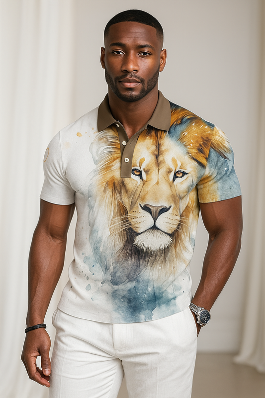3d White Lion Print Men's Polo Shirt